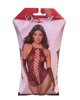 DREAMGIRL ANIMAL PRINT FISHNET TEDDY GLOVES BURGUNDY OS